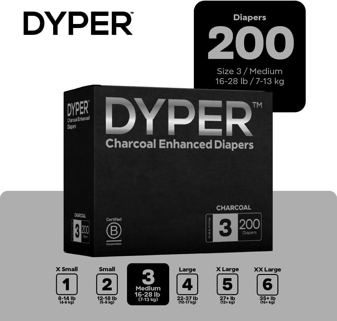 image:imageDYPER Charcoal Enhanced Day amp Overnight Disposable Baby Diapers Made with PlantBased amp Honest Ingredients Hypoallergenic for Sensitive Skin Size 1 240 CountSize 3