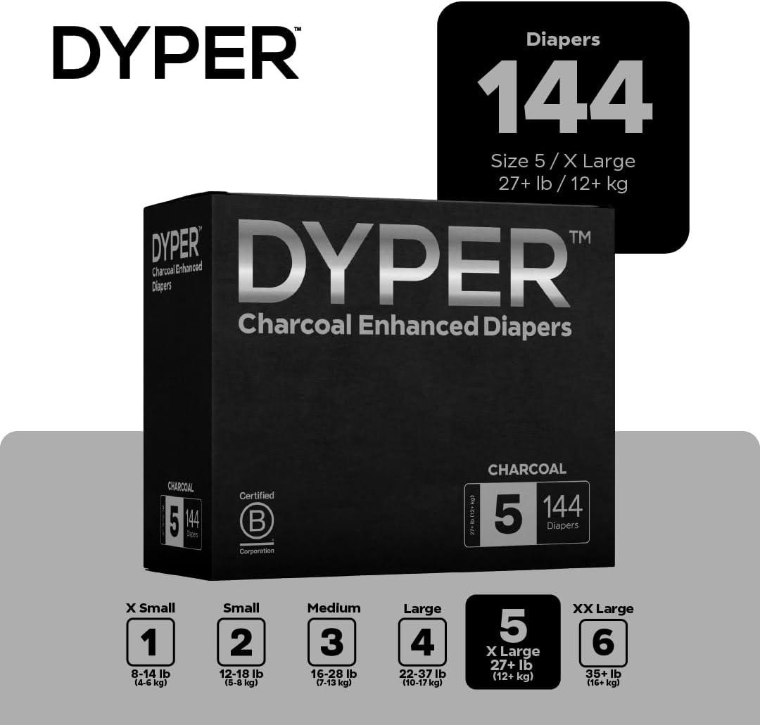 image:imageDYPER Charcoal Enhanced Day amp Overnight Disposable Baby Diapers Made with PlantBased amp Honest Ingredients Hypoallergenic for Sensitive Skin Size 1 240 CountSize 5