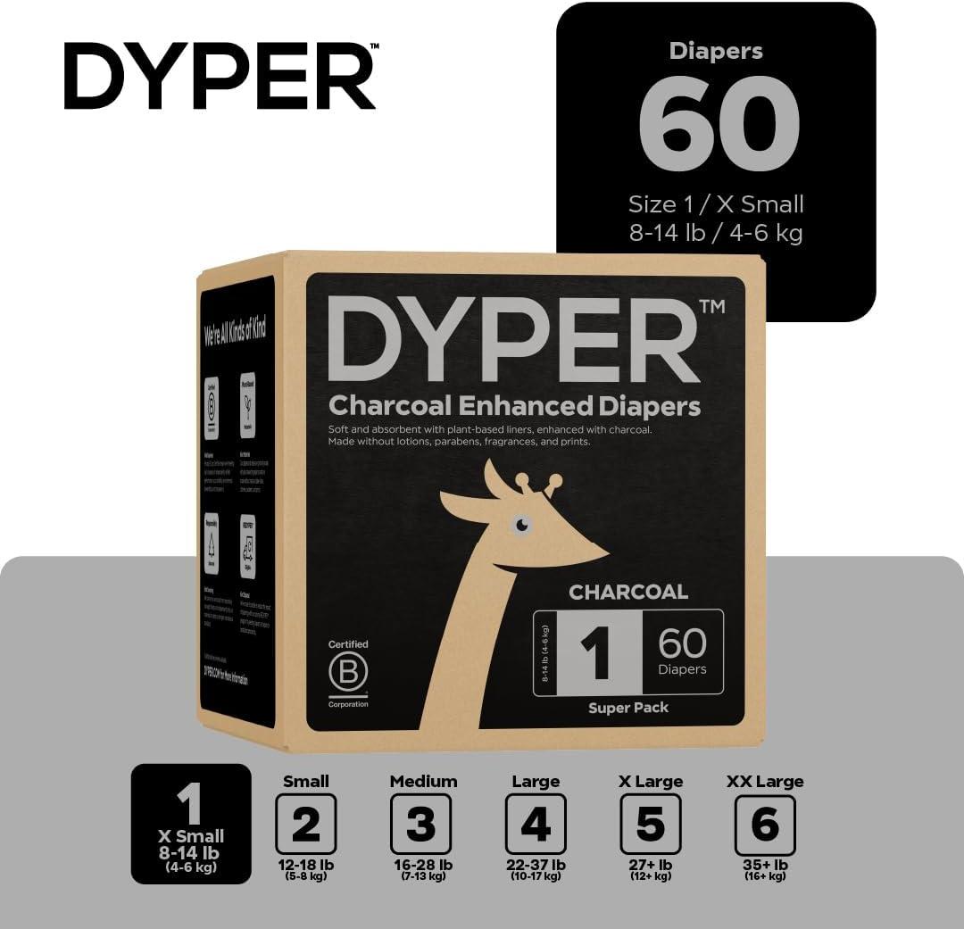 image:imageDYPER Charcoal Enhanced Diapers Baby Diapers from PlantBased amp Honest Materials Day amp Overnight Diapers Disposable Diapers for Sensitive Skin Size 1 60 CountSize 1