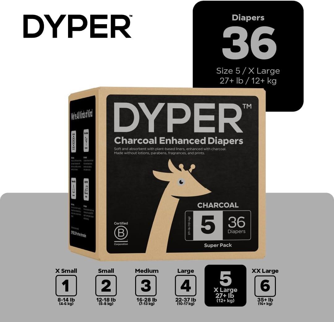 image:imageDYPER Charcoal Enhanced Diapers Baby Diapers from PlantBased amp Honest Materials Day amp Overnight Diapers Disposable Diapers for Sensitive Skin Size 1 60 CountSize 5