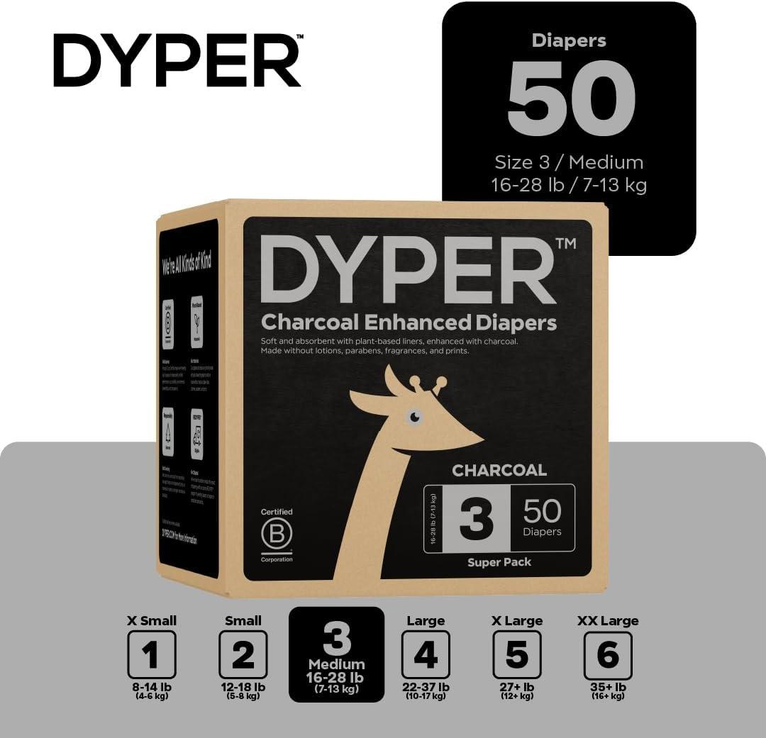 image:imageDYPER Charcoal Enhanced Diapers Baby Diapers from PlantBased amp Honest Materials Day amp Overnight Diapers Disposable Diapers for Sensitive Skin Size 1 60 CountSize 3