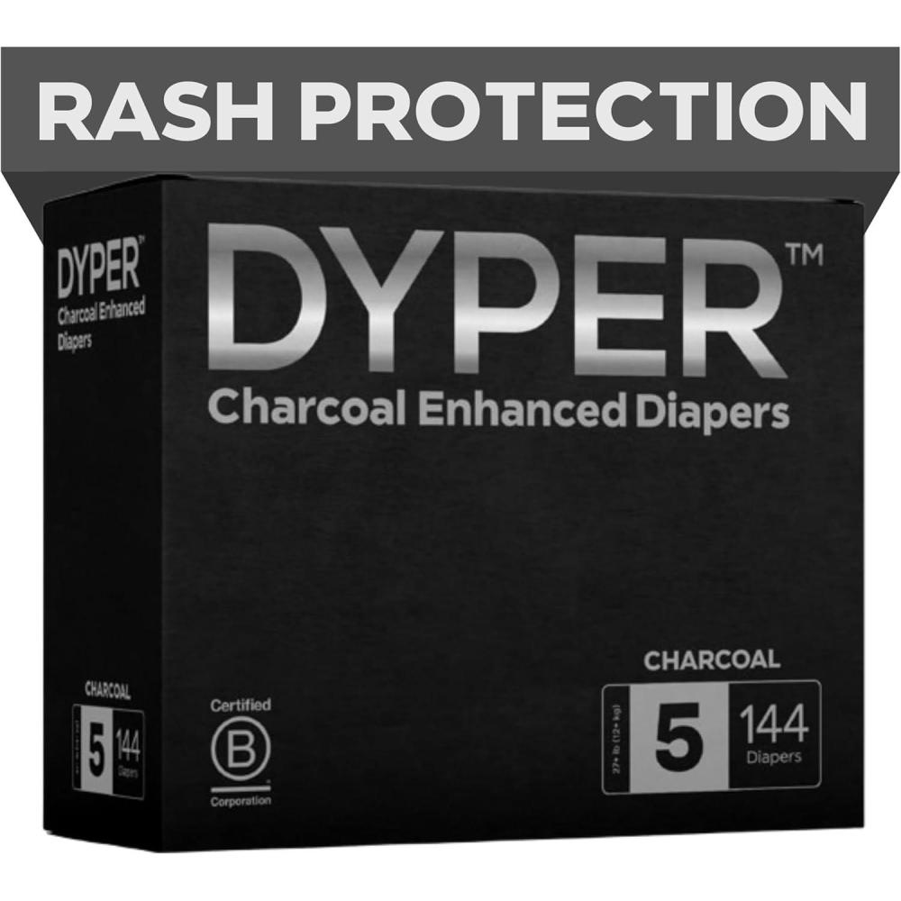 image:imageDYPER Charcoal Enhanced Day amp Overnight Disposable Baby Diapers Made with PlantBased amp Honest Ingredients Hypoallergenic for Sensitive Skin Size 1 240 CountSize 5