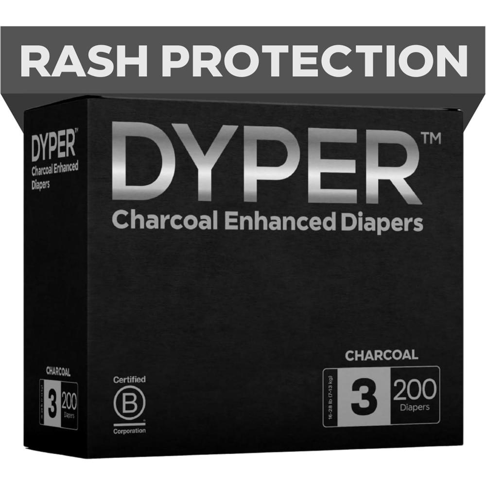 image:imageDYPER  Charcoal Enhanced Day amp Overnight Disposable Baby Diapers  Made with PlantBased amp Honest Ingredients Hypoallergenic for Sensitive Skin  Size 1 240 CountSize 3