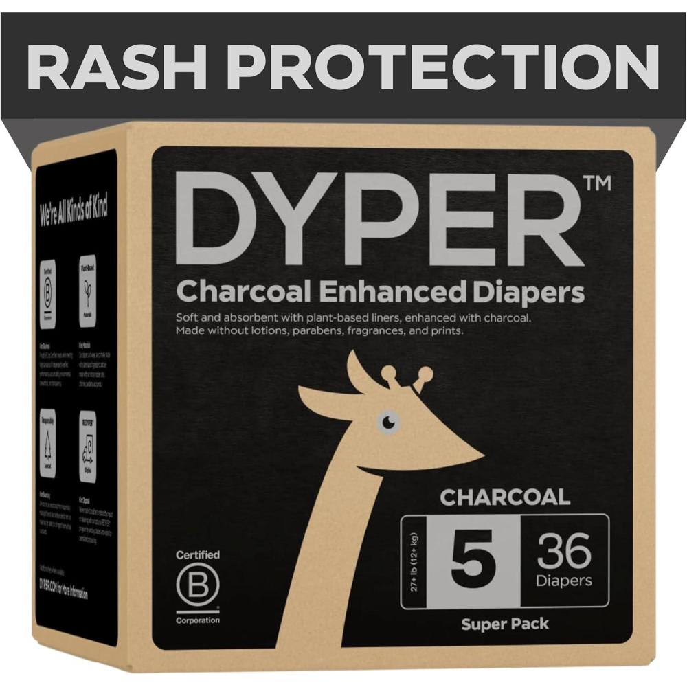 image:imageDYPER Charcoal Enhanced Diapers  Baby Diapers from PlantBased amp Honest Materials  Day amp Overnight Diapers  Disposable Diapers for Sensitive Skin Size 1 60 CountSize 5