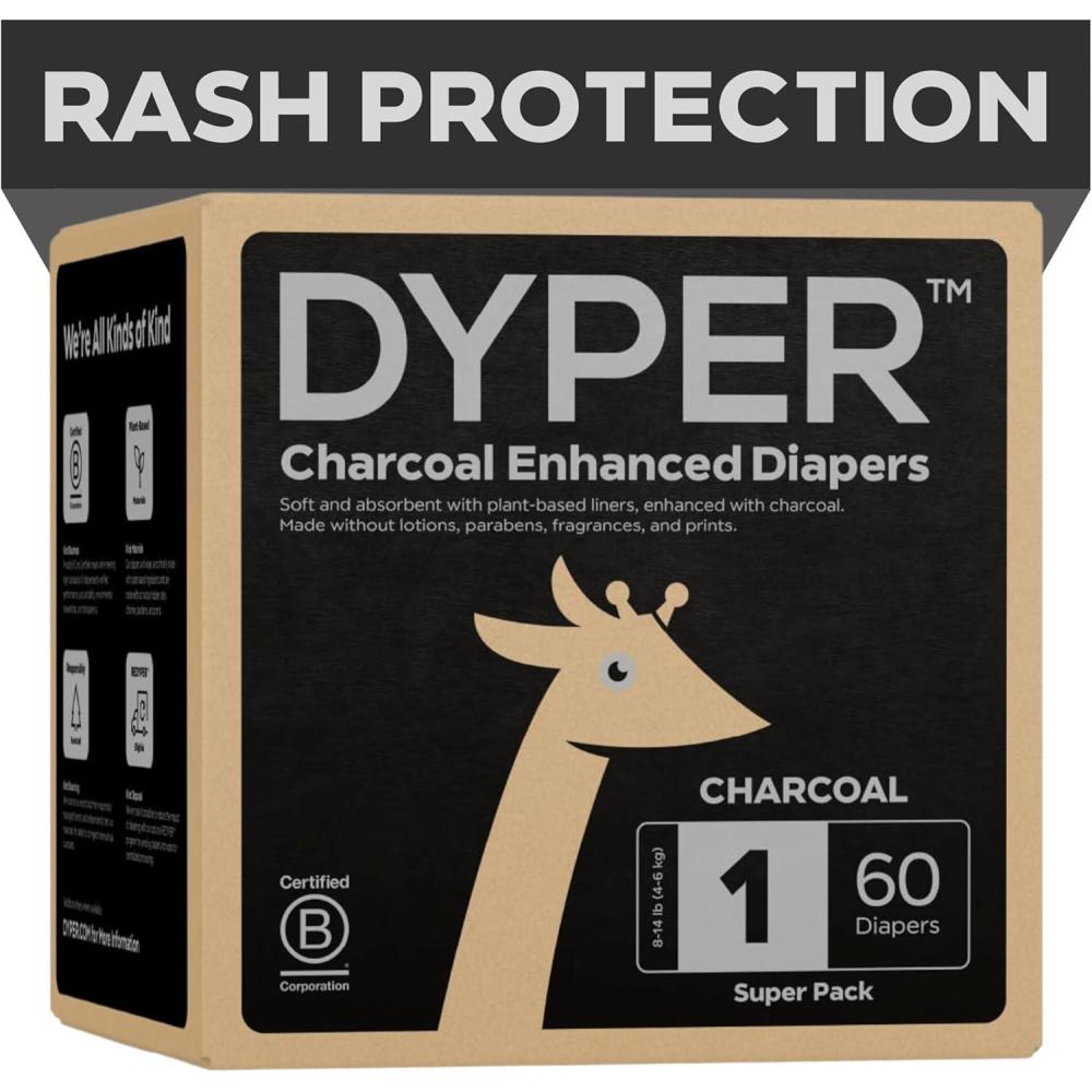 image:imageDYPER Charcoal Enhanced Diapers  Baby Diapers from PlantBased amp Honest Materials  Day amp Overnight Diapers  Disposable Diapers for Sensitive Skin Size 1 60 CountSize 1
