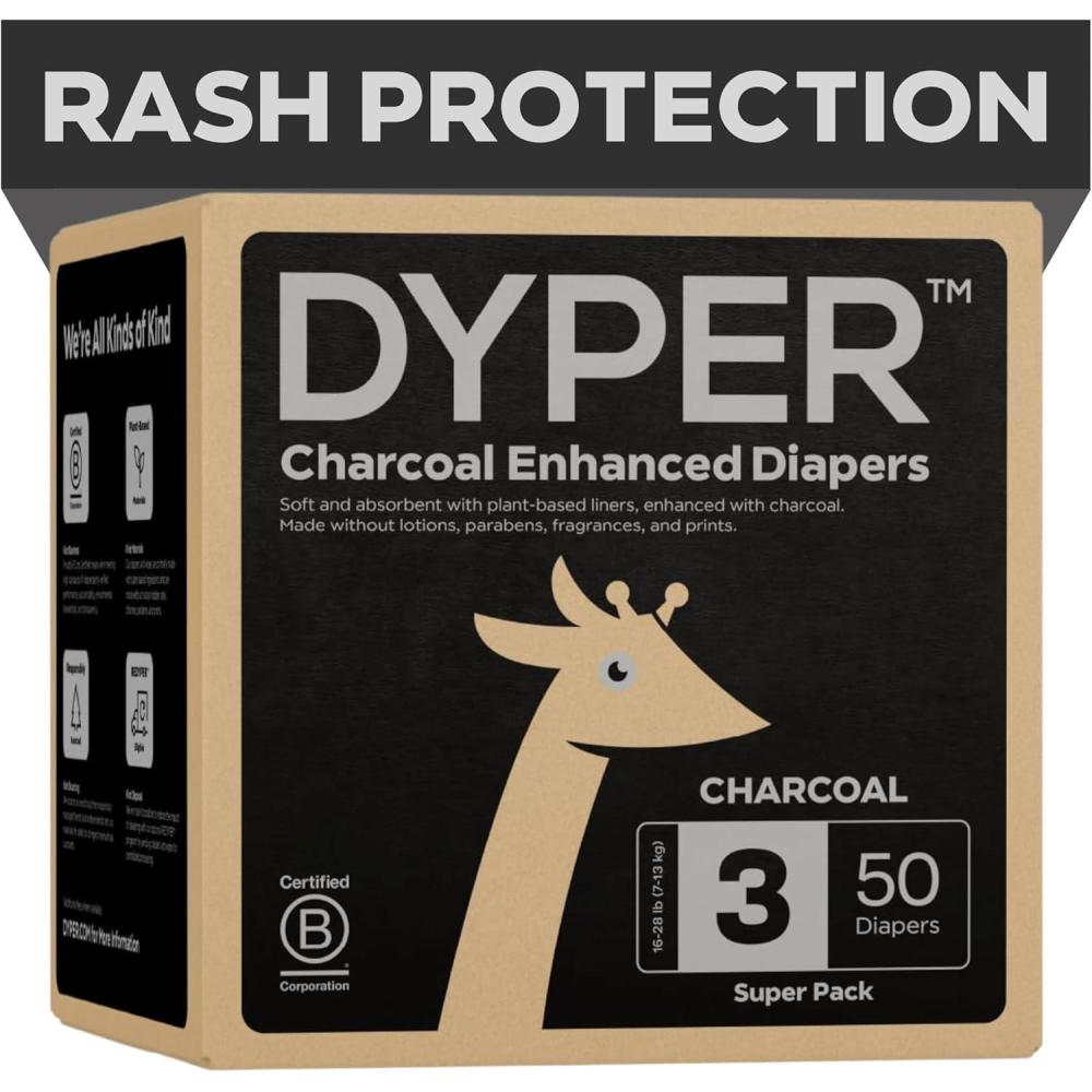 image:imageDYPER Charcoal Enhanced Diapers  Baby Diapers from PlantBased amp Honest Materials  Day amp Overnight Diapers  Disposable Diapers for Sensitive Skin Size 1 60 CountSize 3