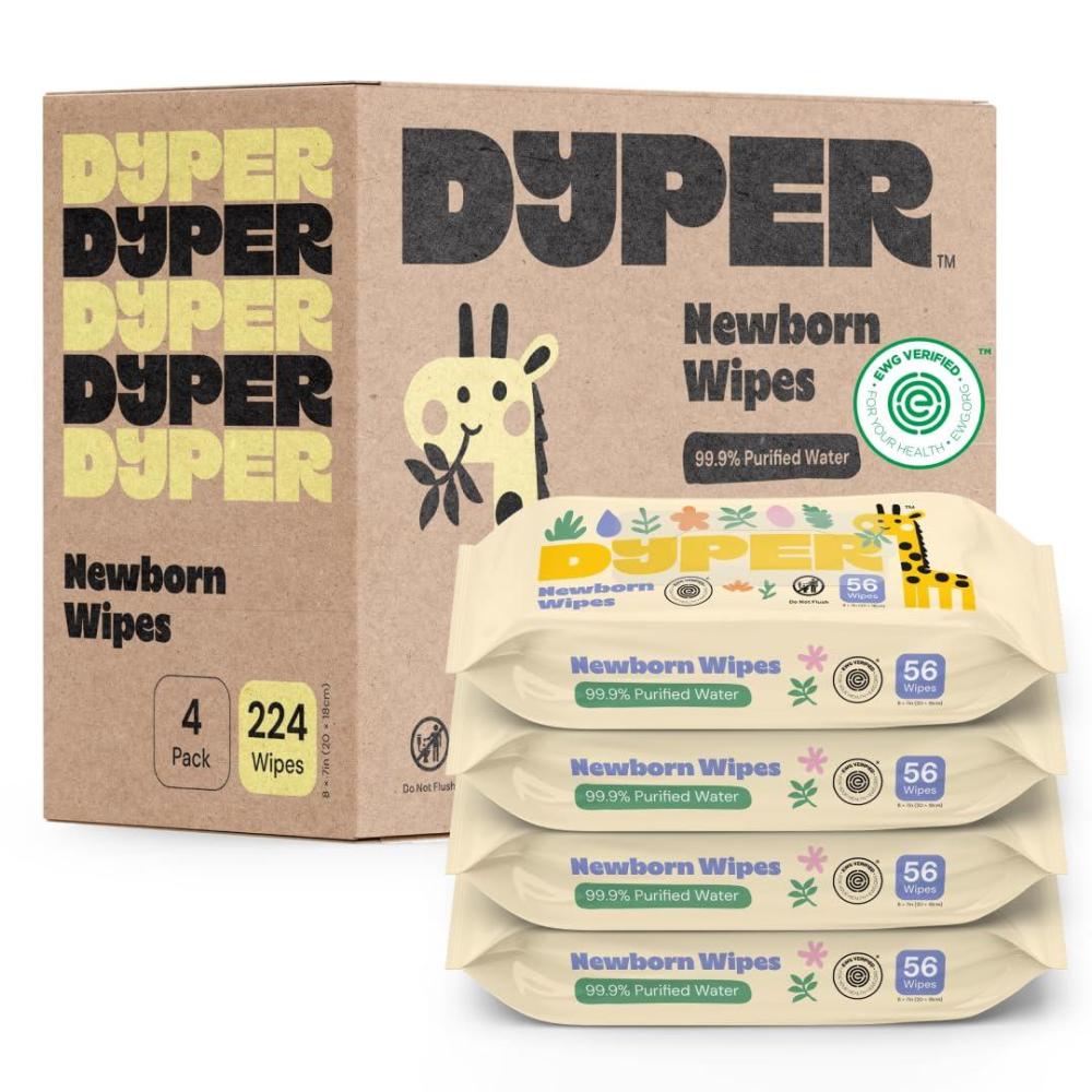 image:imageDYPER Newborn Sensitive Baby Wipes Unscented 224 Count 999 WaterBased PlantBased amp Hypoallergenic  Gentle for Sensitive Skin PlasticFree MultiUse Wet Wipes Pack of 4 Packaging May Vary