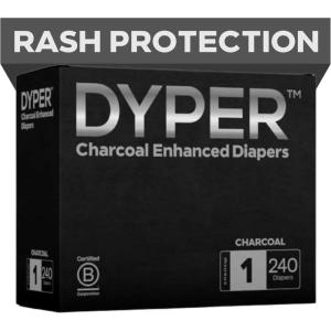 DYPER – Charcoal Enhanced Day & Overnight Disposable Baby Diapers – Made with Plant-Based* & Honest Ingredients, Hypoallergenic for Sensitive Skin – Size 1, (240 Count)(Size 1)