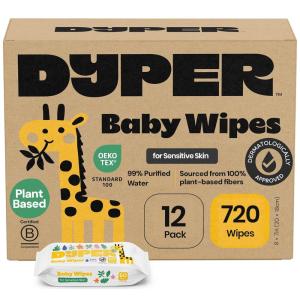 DYPER Baby Wipes Unscented (720 Count) – 99% Water-Based & Hypoallergenic Baby Wipes, Made with Plant-Based Materials, Gentle for Sensitive Skin, Fragrance & Plastic-Free Wet Wipes, 12 Pack(Embossed)