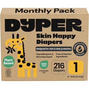 DYPER Monthly Pack Baby Diapers Size 6 (35+ lbs) 168 Count – Leak-Proof & Plant Based, Hypoallergenic and Ultra Absorbent Size 6 Diapers for Day and Overnight Skin Protection (Packaging May Vary)(Size 1 (216 Diapers))