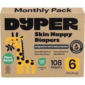 DYPER Monthly Pack Baby Diapers Size 6 (35+ lbs) 168 Count – Leak-Proof & Plant Based, Hypoallergenic and Ultra Absorbent Size 6 Diapers for Day and Overnight Skin Protection (Packaging May Vary)(Size 6 (108 Diapers))