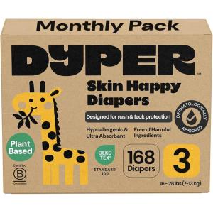 DYPER Monthly Pack Baby Diapers Size 6 (35+ lbs) 168 Count – Leak-Proof & Plant Based, Hypoallergenic and Ultra Absorbent Size 6 Diapers for Day and Overnight Skin Protection (Packaging May Vary)(Size 3 (168 Count))